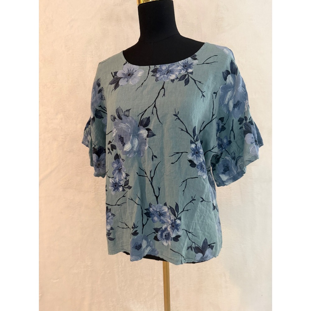 Elena Baldi Italy Floral Blouse Womens Small Blue Ruffle Flutter Sleeve Top Boxy